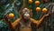 Orangutan juggling oranges in the jungle. Generative AI