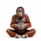 Orangutan meditates in a lotus position, does yoga, close-up isolated