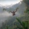 Orangutan Mother and Baby Swinging Through Lush Jungle Canopy