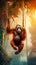 Orangutan Swinging Effortlessly through Lush Canopy of Tropical Rainforest. Generative ai