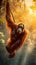 Orangutan Swinging Effortlessly through Lush Canopy of Tropical Rainforest. Generative ai