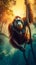 Orangutan Swinging Effortlessly through Lush Canopy of Tropical Rainforest. Generative ai