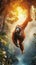 Orangutan Swinging Effortlessly through Lush Canopy of Tropical Rainforest. Generative ai