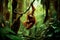 orangutan swinging from tree branch in lush jungle