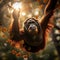 An orangutan swinging from tree to tree in the rainforest.