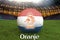 Oranje on Netherlands language on football team ball on big stadium background. 3d rendering. Netherlands Team competition concept