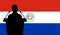 Orator Speaking From Tribune Paraguay Flag Background. Public Speaker Speech In Paraguay