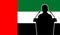 Orator Speaking From Tribune United Arab Emirates Flag Background. Public Speaker Speech