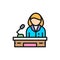 Orator, woman behind the podium, female politician flat color line icon.