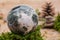 Orbicular ocean jasper sphere with crystallized vugs from Madagascar on moss, bryophyta and cork
