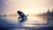 Orca jumping out of the water in front of the setting sun. Generative AI