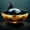 Orca meat style sushi detail in a gold fish bowl