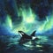 Orca whale under the Northern lights watercolor