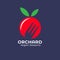 Orchard icon. Fruit desserts logo. Ripe red fruit with silhouette of fork.