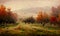 Orchard scenic in autumn landscape, digital illustration