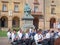 Orchestra Performing Outdoors right in Front of Rocca Pallavicino and the Statue of Giuseppe Verdi, Italian Composer, Parma, Italy