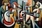 orchestra themed cubist style abstract painting of musical instruments