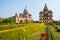 Orchha Cenotaphs, sunny day vleear blue sky, Moghul gardens. Also spelled Orcha, famous travel destination in India.