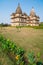 Orchha Cenotaphs, sunny day vleear blue sky, Moghul gardens. Also spelled Orcha, famous travel destination in India.