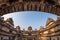 Orchha Palace, interior with courtyard and stone carvings, backlight. Also spelled Orcha, famous travel destination in Madhya Prad