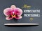 Orchid flower and pen isolated on black background . Text \\\'Happy administrative professionals day\\\' .