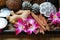 Orchid flower on wooden tray, Health care and spa concept. Nature spa ingredient