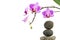 Orchid flowers and pebbles pyramid on white background