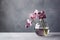 Orchid Flowers In Vase On Pale Gray Color Background With Copy Space. Generative AI