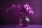 Orchid Flowers In Vase On Purple Background. Generative AI