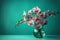 Orchid Flowers In Vase On Soft Aqua Color Background. Generative AI