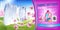 Orchid fragrance fabric softener gel ads. Vector realistic Illustration with laundry clothes and softener rinse container. Horizon