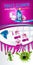 Orchid fragrance toilet cleaner ads. Cleaner bobs kill germs inside toilet bowl. Vector realistic illustration. Vertical banner.