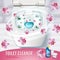 Orchid fragrance toilet cleaner gel ads. Vector realistic Illustration with top view of toilet bowl and disinfectant container