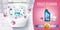Orchid fragrance toilet cleaner gel ads. Vector realistic Illustration with top view of toilet bowl and disinfectant container. Ho