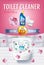 Orchid fragrance toilet cleaner gel ads. Vector realistic Illustration with top view of toilet bowl and disinfectant container. Ve