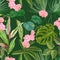 Orchid, Philodendron and Monstera Background, Seamless Tropical Floral Print with Exotic Pink Flowers