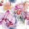 Orchids. Watercolor beautiful colorful orchid flowers seamless pattern. Watercolor romantic background. Hand drawn paint blossom