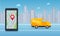 Order delivery service online. Smartphone with mobile app for shipment tracking, delivery  yellow van on city road background. 