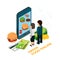 Order food online isometric vector illustration. Man and woman choose food with phone app