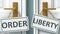 Order or liberty as a choice in life - pictured as words Order, liberty on doors to show that Order and liberty are different