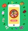 Order pizza online on your smartphone. Pizza delivery. Pizza with ingredients. Order online. Flat design
