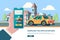 Order taxi. Smartphone in hand online press order button urban mobility taxi near buildings vector concept picture