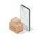 Order tracking concept. 3d box and mobile phone screen with map. Isolated isometric vector illustration.