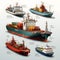 orderly arrangement of nine cargo ships in isometric view, highlighting their diverse shapes and sizes. AI Generated, Generative