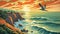 Oregon Coastline Wpa Poster With Thayer\\\'s Gull In Flight