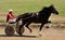Orel, Russia - April 30, 2017: Harness racing. Black horse pulling a sulky