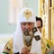 Orel, Russia, July 28, 2016: Russia Christianization anniversary Divine Liturgy. Patriarch Kirill with big cross