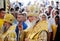 Orel, Russia, July 28, 2016: Russia Christianization anniversary Divine Liturgy. Patriarch Kirill in golden garment praying in