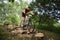 Orel, Russia, June 15, 2019: redBike Cup cross country cycle XCO competition. Sportsman crossing big stones on bicycle