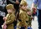 Orel, Russia, May 09, 2019: Victory Day, Immortal Regiment parade. Little children in WWII soldiers uniform walking in the street